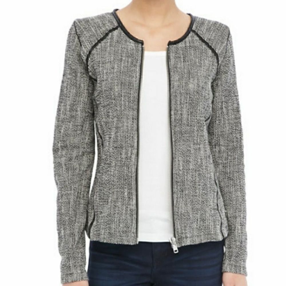 Maison Scotch Black & White Boucle Zipper Roundneck Long Sleeve Straight Hem Swe